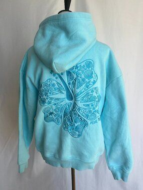 Pink Palm Puff Hawaii Hibiscus Embroidered Hoodie NWOT Aquamarine M